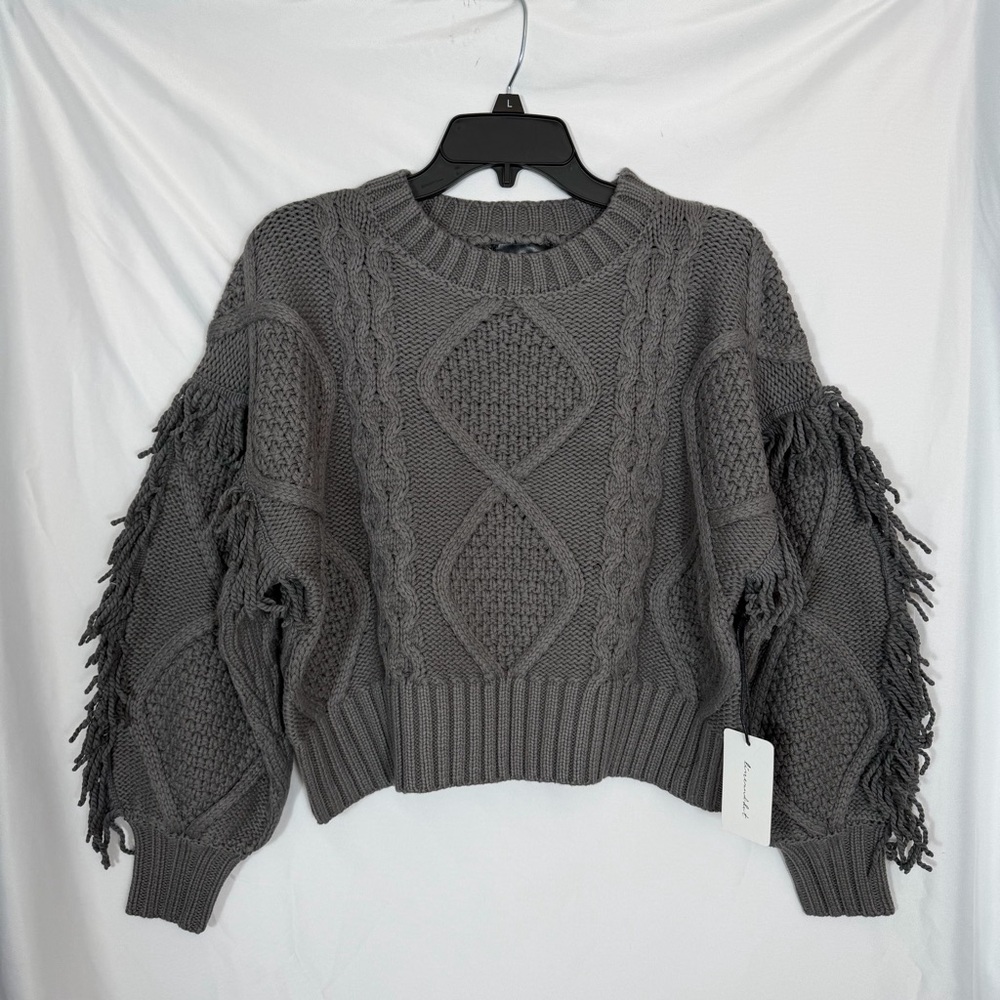 REVOLVE Line And Dot Jasper Fringe Chunky Cable Knit Sweater, Size XS Gray, NWT